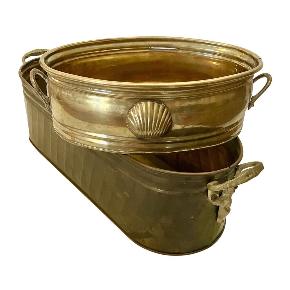Vintage Brass Oval Planter Bucket Tubs Set Of 2 Handled MCM Jardiniere Boilers